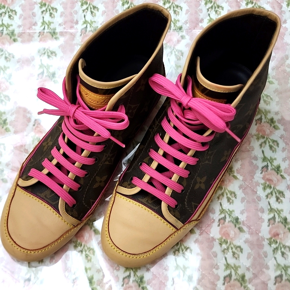 Louis Vuitton 💎 Monogram Canvas Capucine High Top Pink Strap Lace Sneakers 37 7